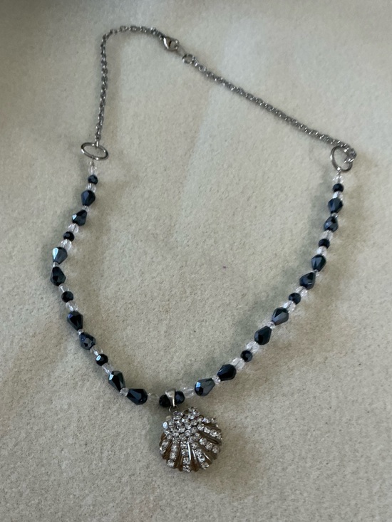 Jewelry - Rhinestone Pendant Necklace with Hematite Beads - Silver Tone